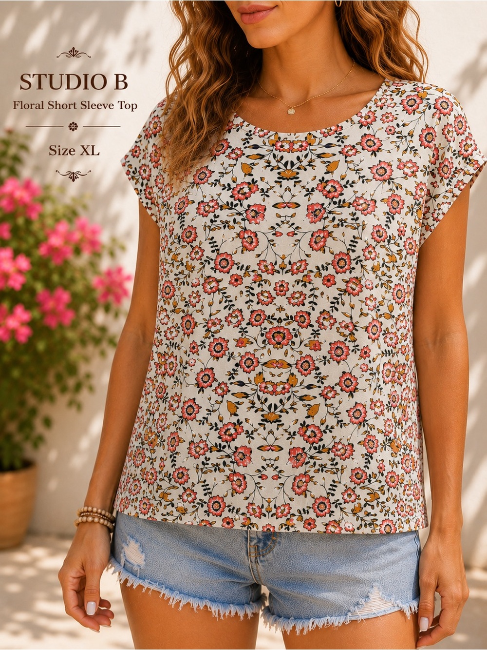 Studio B by Bobeau Floral Boho Blouse XL Pink Cream Short Sleeve Top